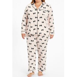 kate spade Blush Pink Black Bow Tie Long Sleeve Notch Collar & Pants PJ Set